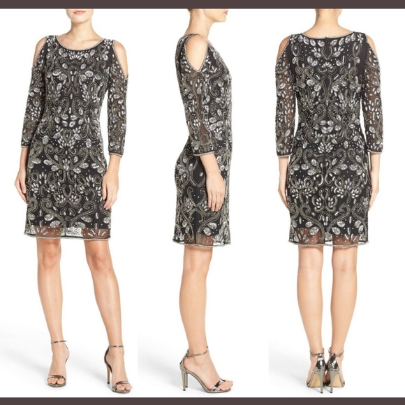 NEW‎ Pisarro Nights Embellished Mesh Cold-Shoulder Sheath Dress [SZ 2 ] - Picture 1 of 8